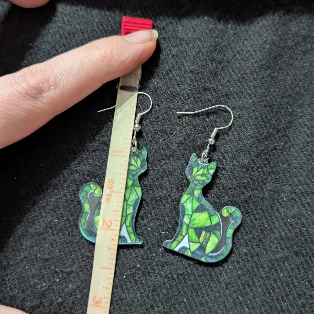 Silver Tone Green Acrylic Stained Glass Style Cat Dangle Statement Earrings